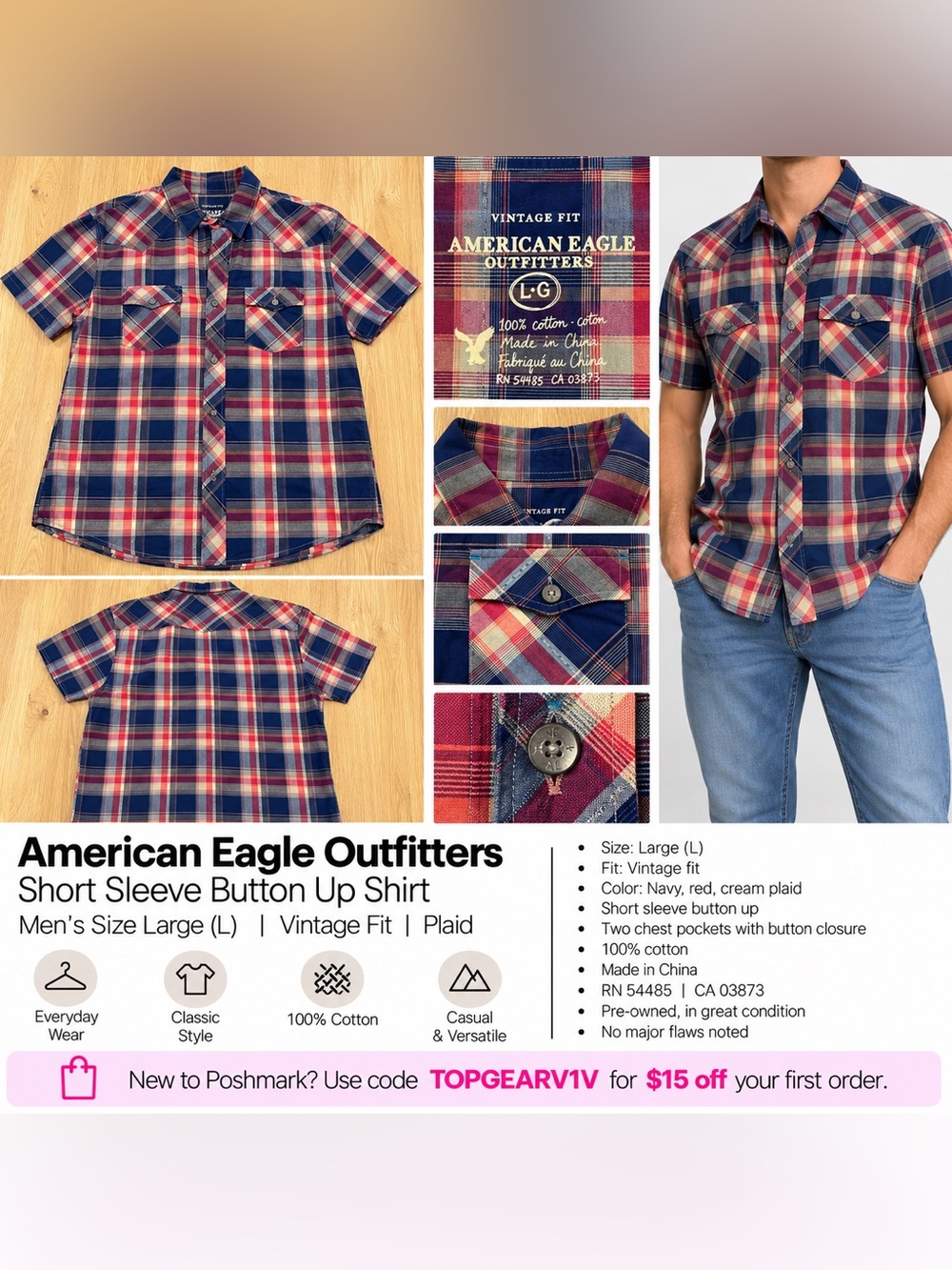 American Eagle
Navy and Red Plaid Short-Sleeve Men's Shirt